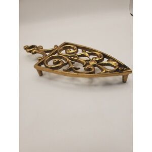 Vintage Ornate Solid Brass Sad Iron Trivet - Footed Hot Plate Scroll Design